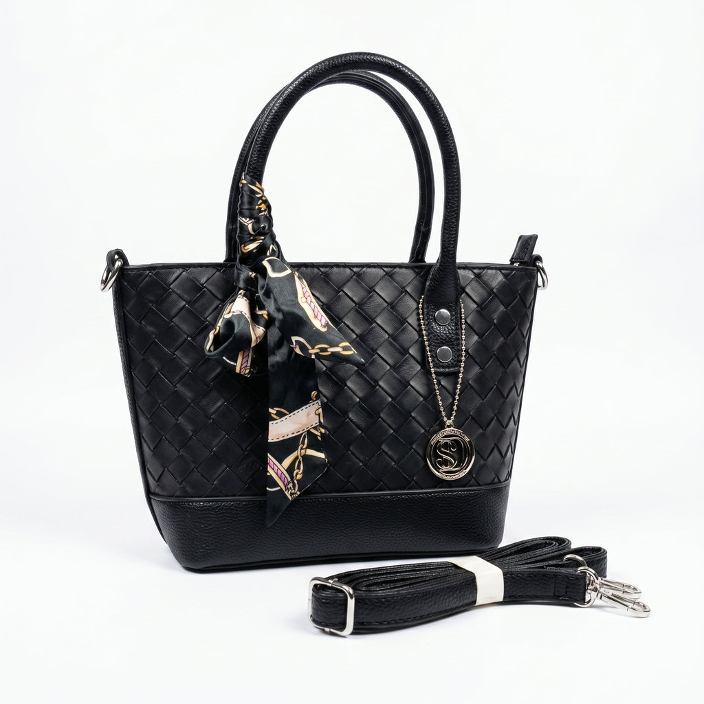 Borsa della Spesa in Ecopelle Nera Intrecciata con Dettaglio Sciarpa - Stile Donna Bags