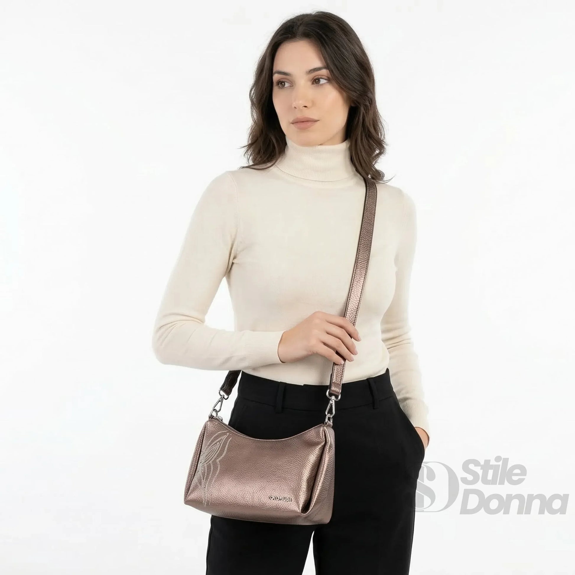 borsa-donna-in-pelle-rosa-oro-metallizzato-con-perline-a-mano-tracolla-981 - Stile Donna Bags