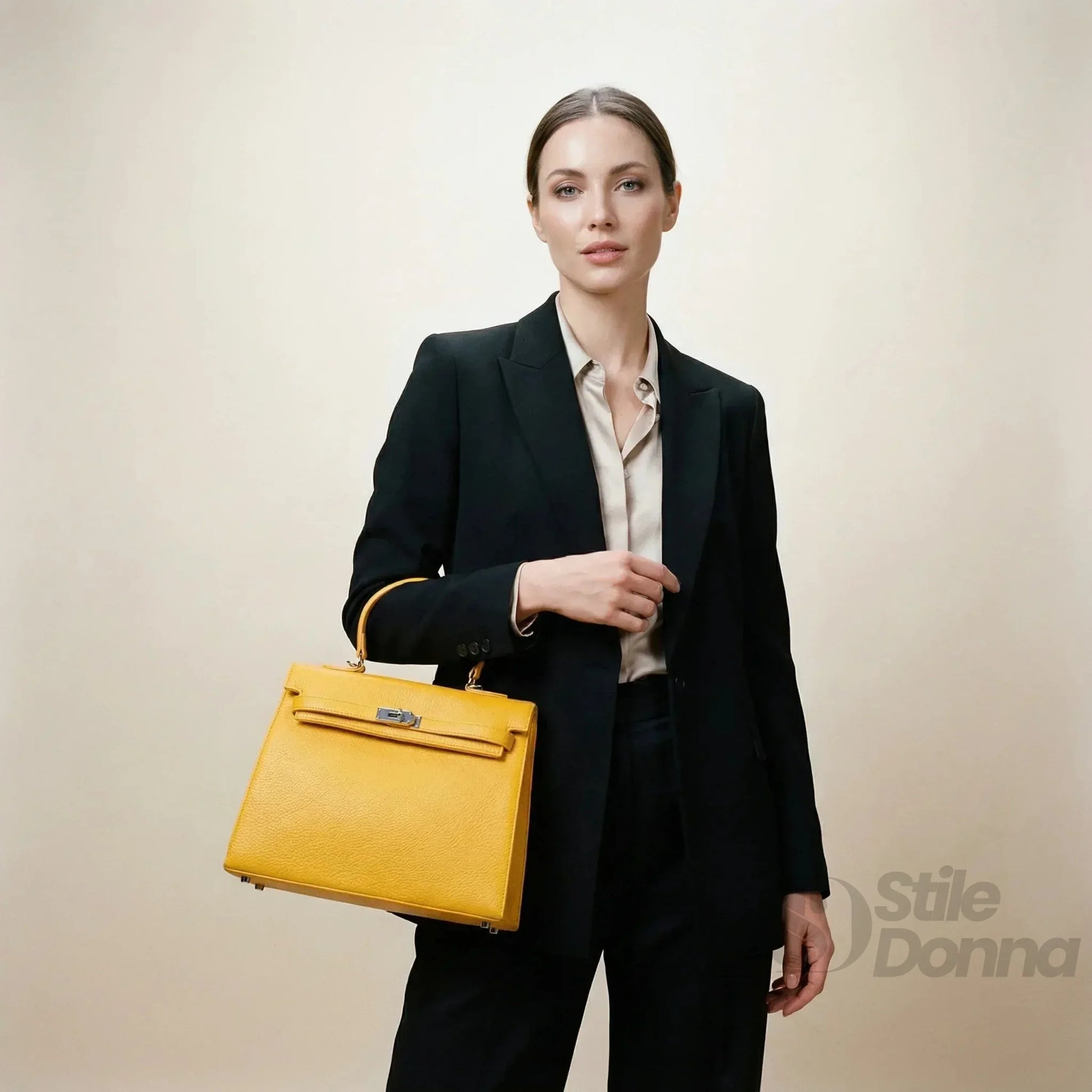 borsa-gialla-con-dettagli-in-metallo-argentato-a-mano-pelle-407 - Stile Donna Bags