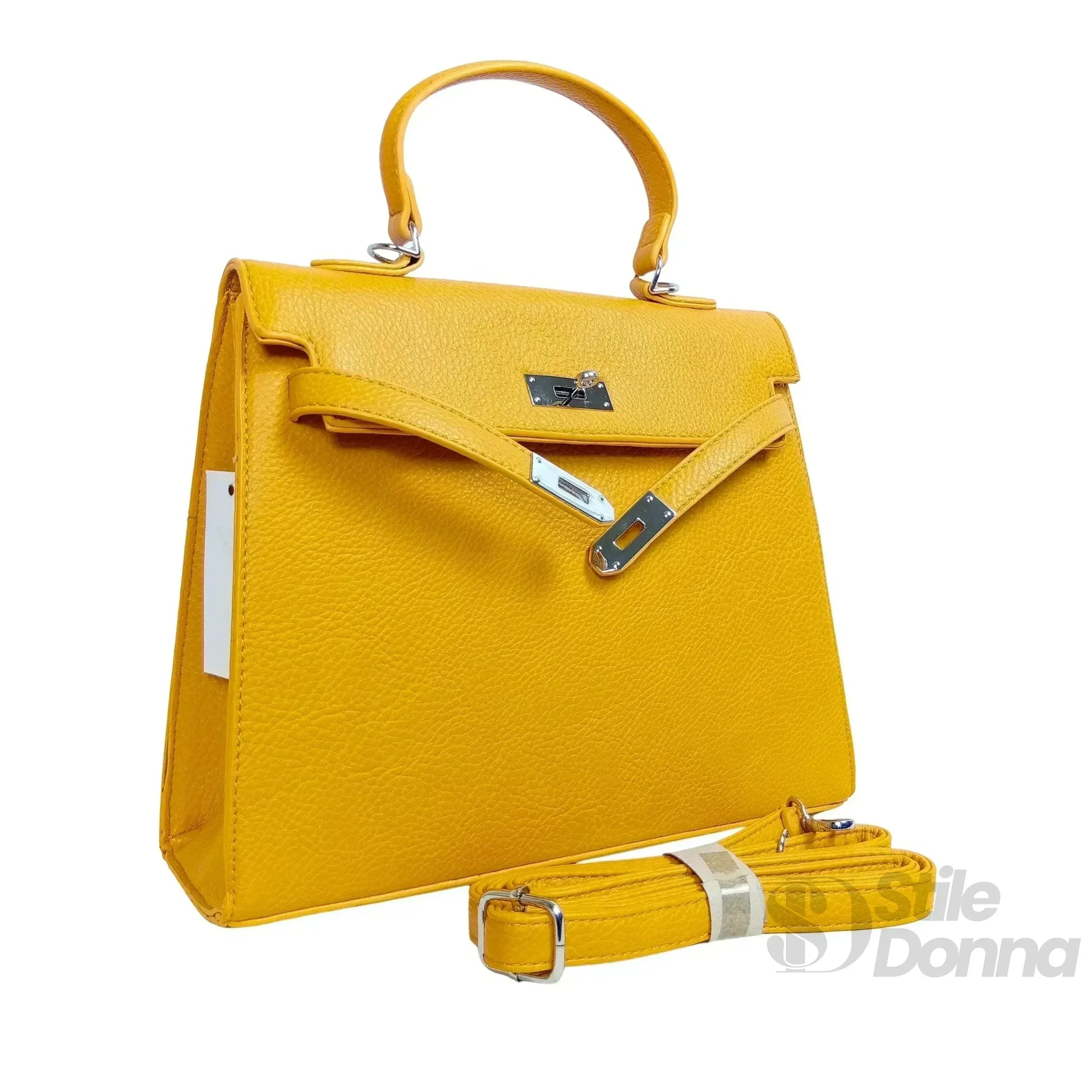 borsa-gialla-con-dettagli-in-metallo-argentato-a-mano-pelle-906 - Stile Donna Bags