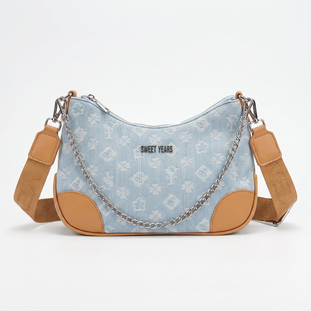Borsa Hobo Sweet Years in Denim Jacquard con Catena e Tracolla Larga - Stile Donna Bags