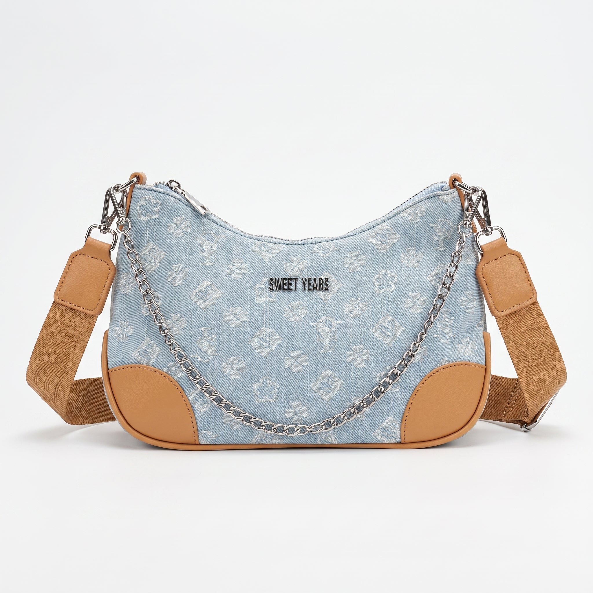 Borsa Hobo Sweet Years in Denim Jacquard con Catena e Tracolla Larga - Stile Donna Bags