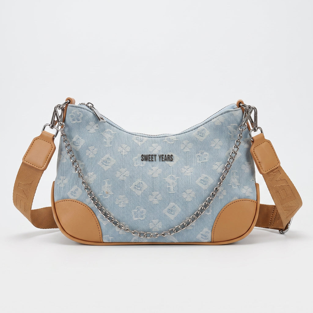 Borsa Hobo Sweet Years in Denim Jacquard con Catena e Tracolla Larga - Stile Donna Bags