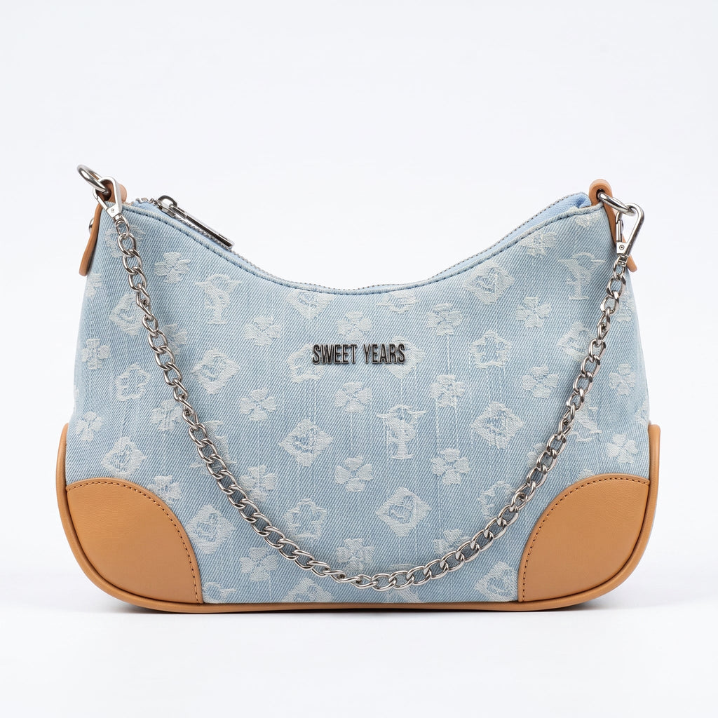 Borsa Hobo Sweet Years in Denim Jacquard con Catena e Tracolla Larga - Stile Donna Bags