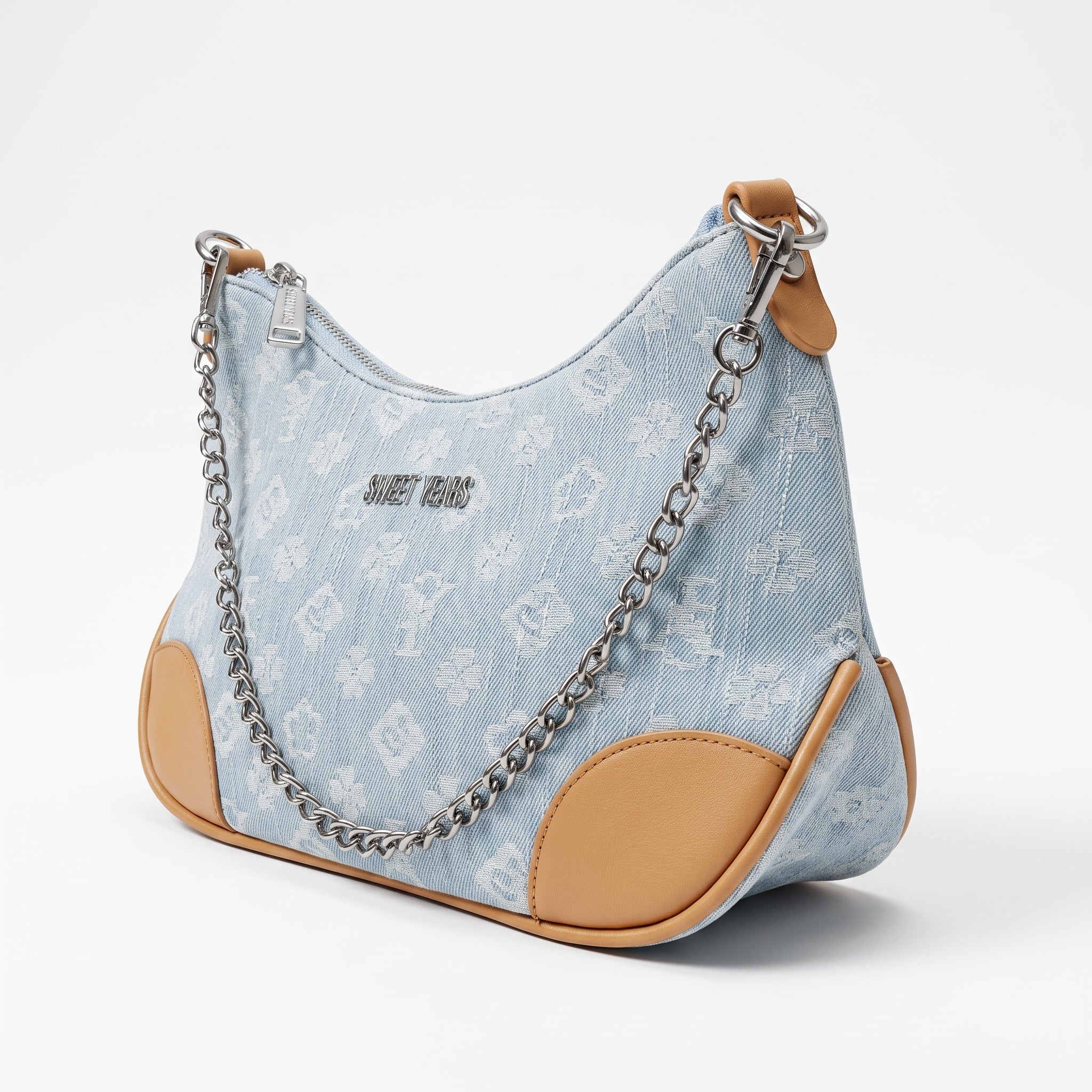 Borsa Hobo Sweet Years in Denim Jacquard con Catena e Tracolla Larga - Stile Donna Bags