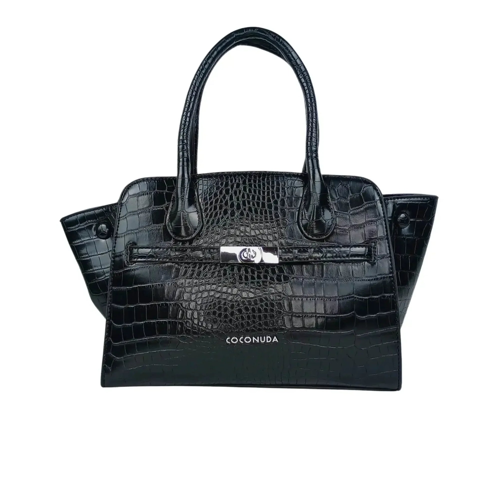 borsa-nera-in-pelle-verniciata-con-manici-a-mano-coccodrillo-323 - Stile Donna Bags