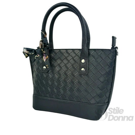 borsa-shopper-in-pelle-nera-intrecciata-con-sciarpa-549 - Stile Donna Bags