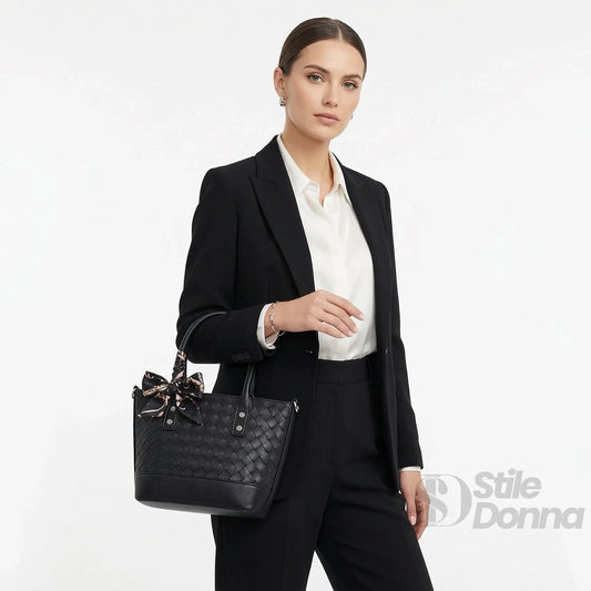 borsa-shopper-in-pelle-nera-intrecciata-con-sciarpa-tote-946 - Stile Donna Bags
