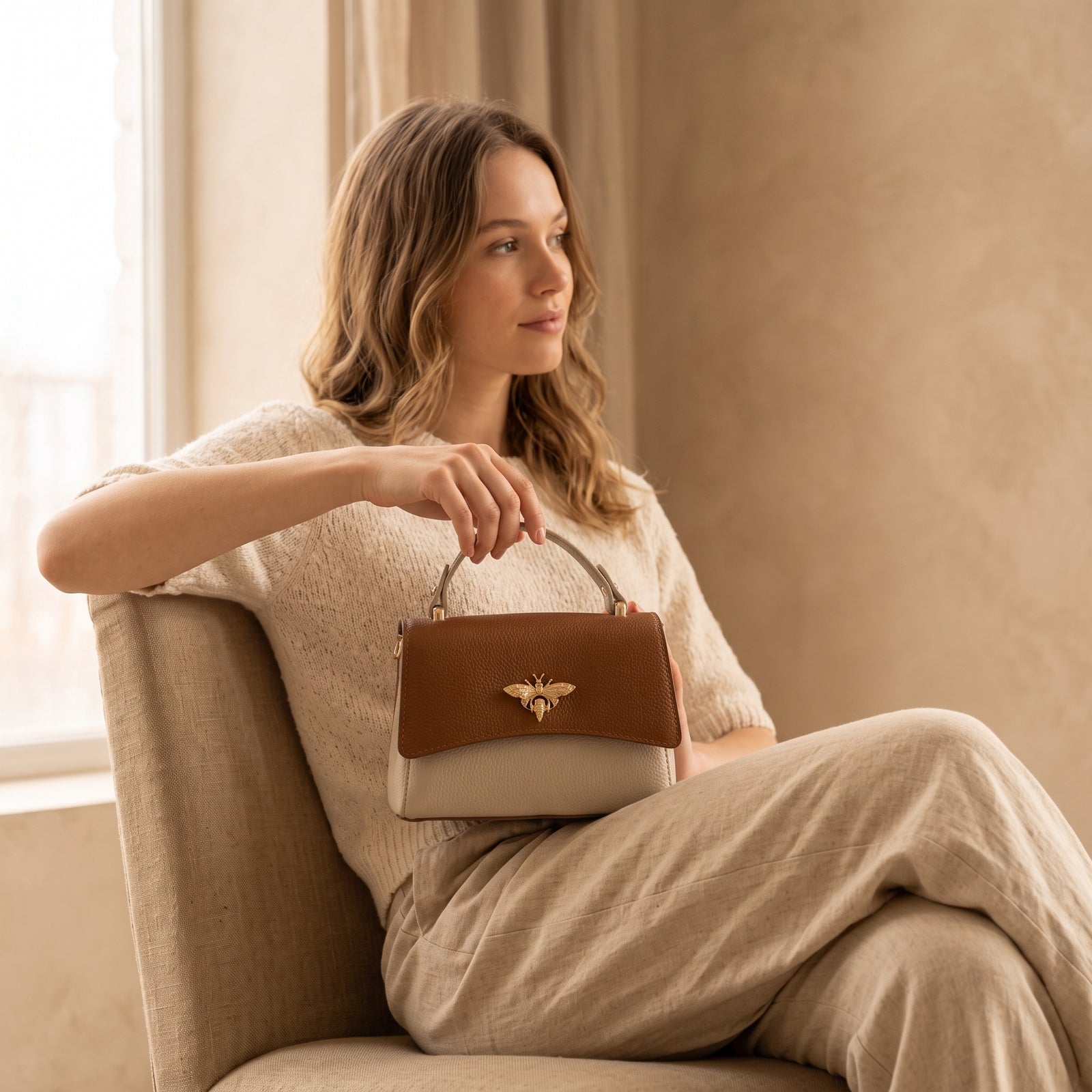 A woman holding a buterfly bag