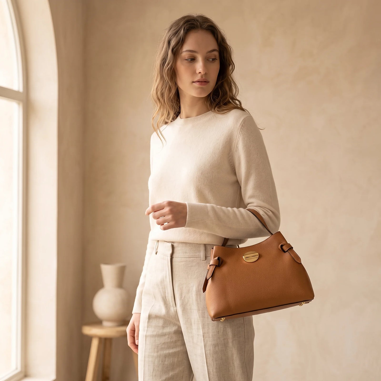 a woman holding a leather bag 