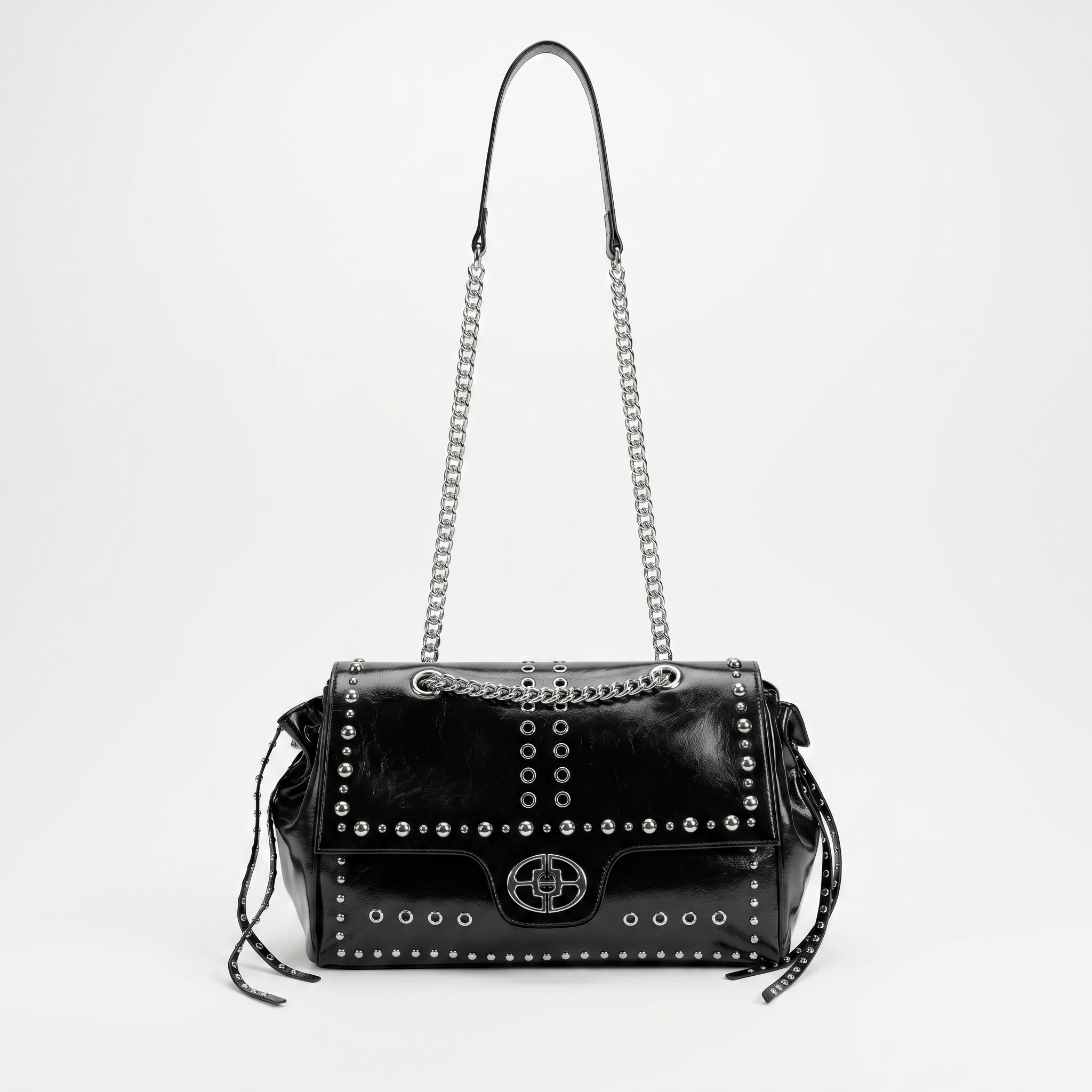 Rock Star borsa a patta ecopelle borchie argentate tracolla a catena – vista 3