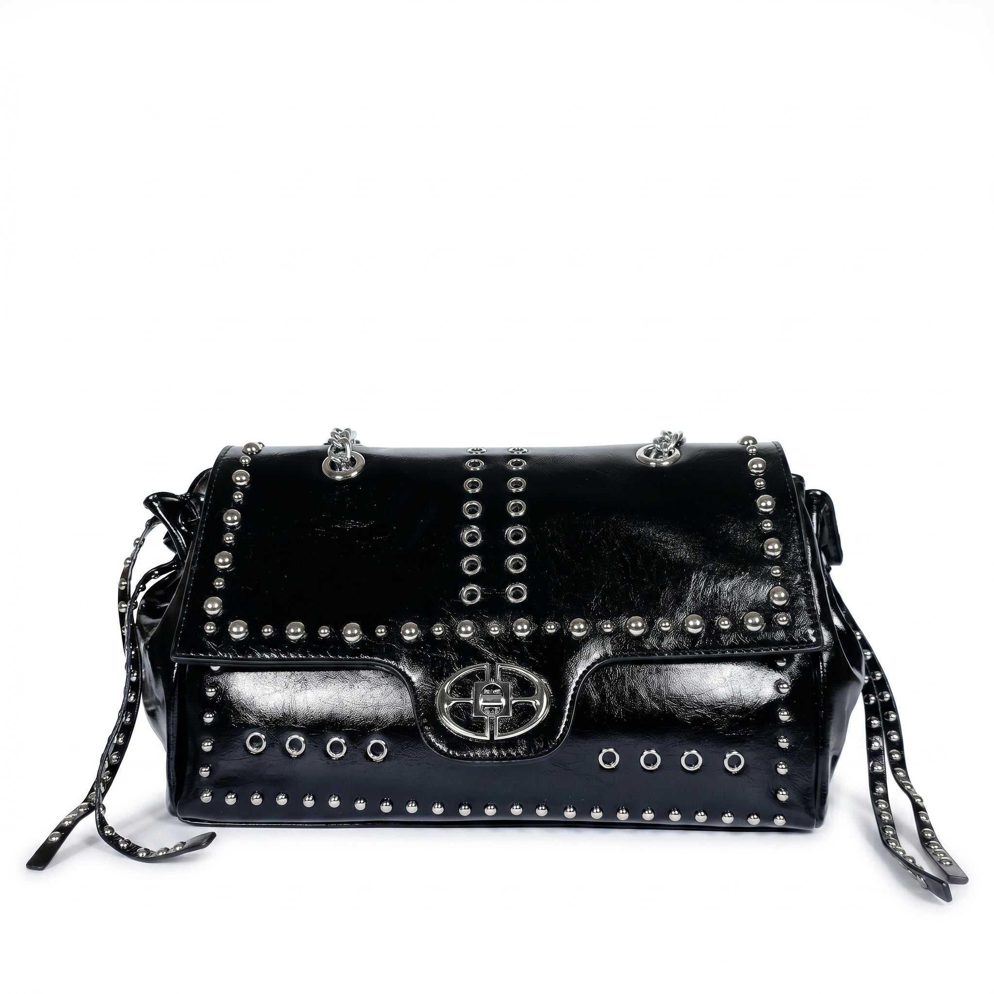 Rock Star borsa a patta ecopelle borchie argentate tracolla a catena – vista 1