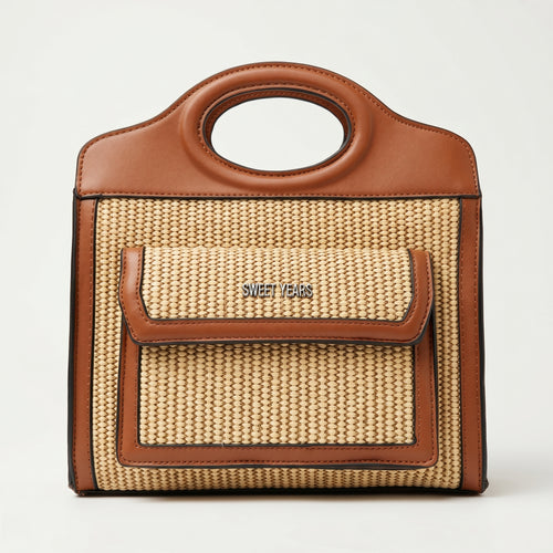 Sweet Years Women's Shopping Bag in Woven Fabric and Faux Leather with Front Pocket
