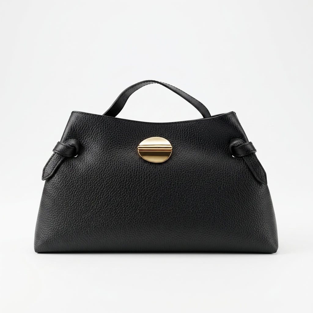 Borsa Livia in Vera Pelle Martellata Nera con Chiusura Disco Malachite