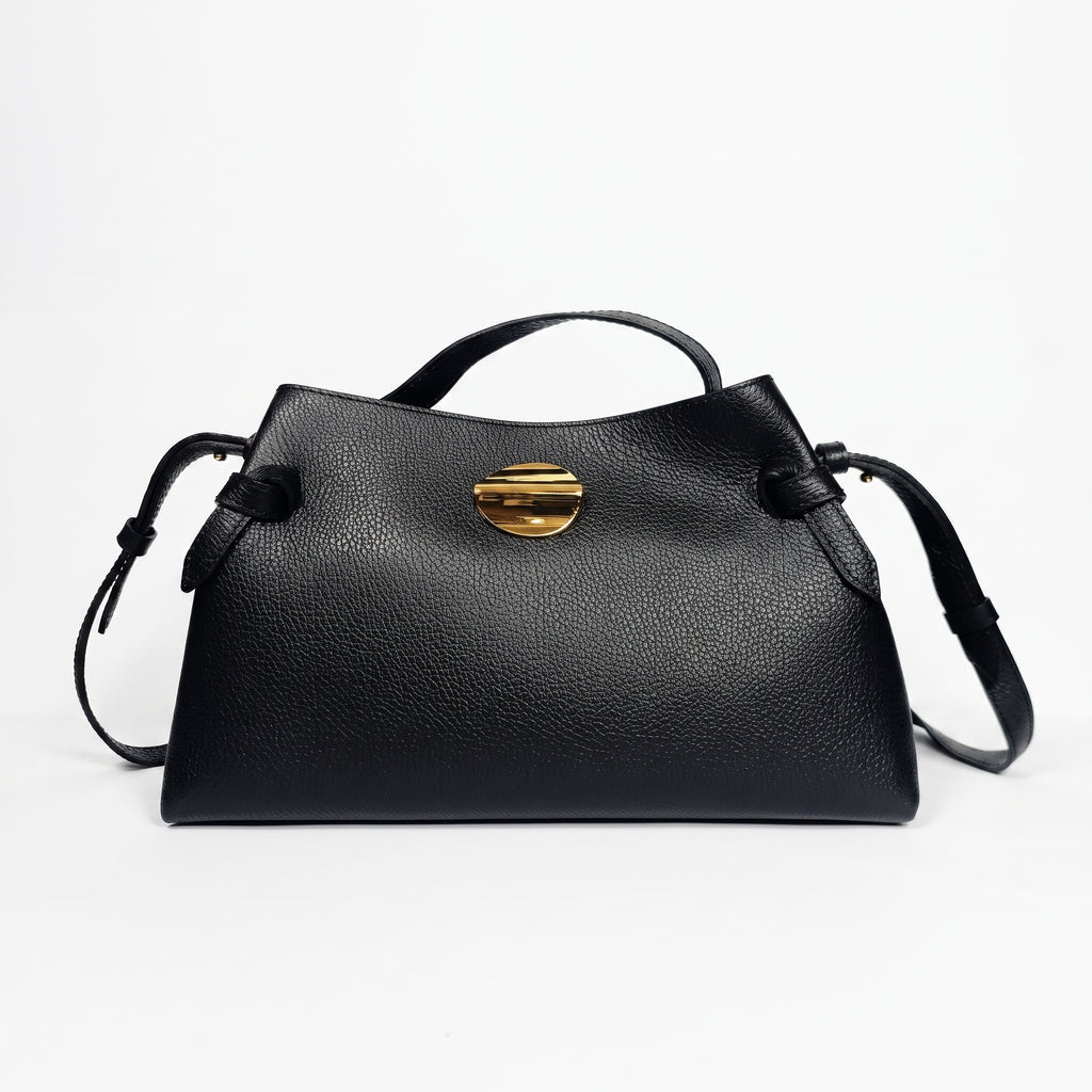Borsa Livia in Vera Pelle Martellata Nera con Chiusura Disco Malachite