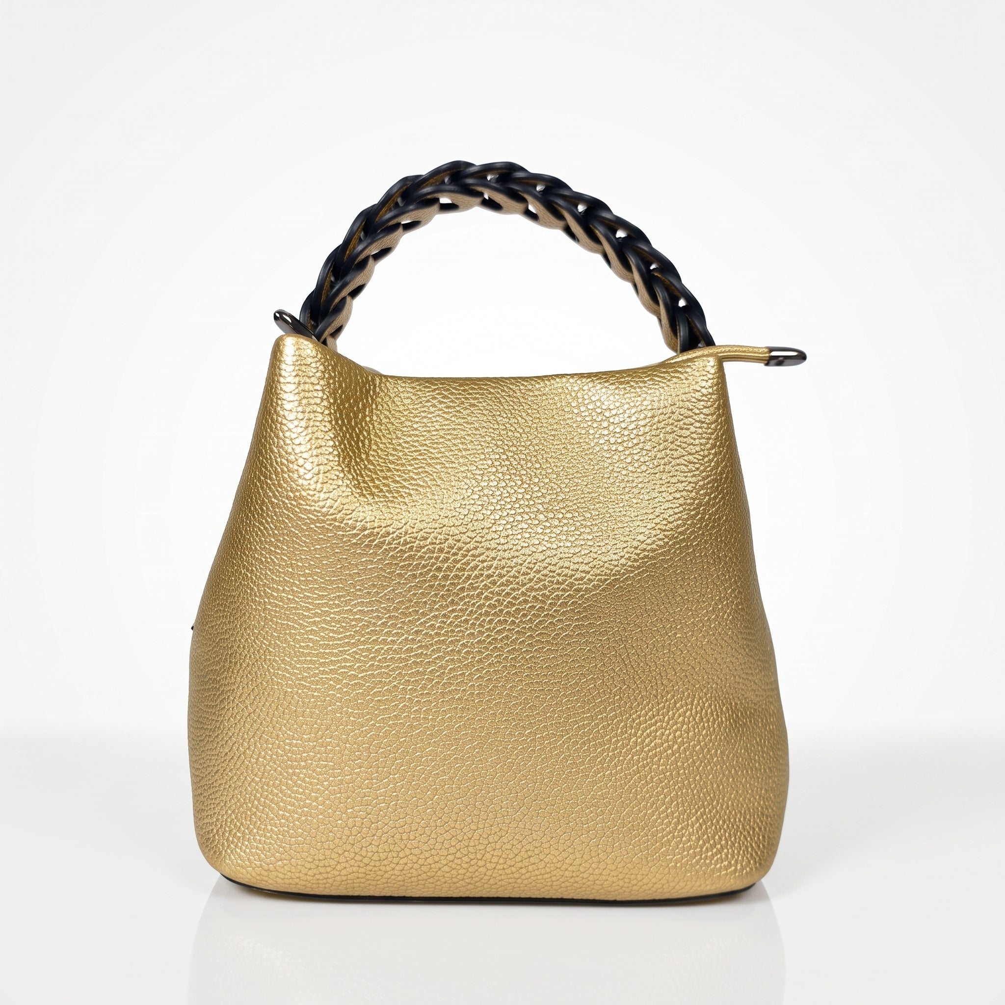 Borsa Secchiello con Manico Intrecciato in Ecopelle e Fodera con Tasche - Borsa a mano - Stile Donna Bags - Oro - MS - 0637 - Mus - Stile D - Gol