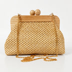 Borsa Caterina a Tracolla in Rafia con Cornice in Legno e Catena Dorata – Stile Donna