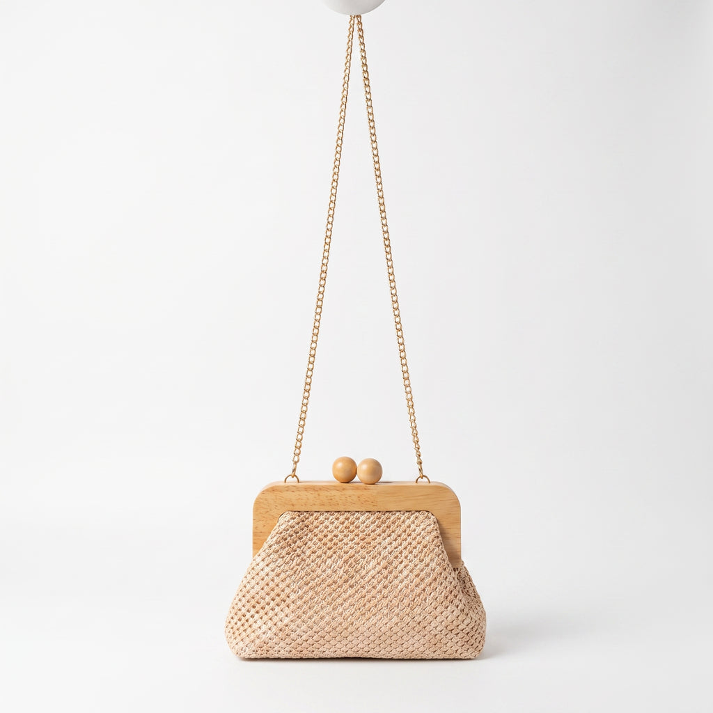 Borsa Caterina a Tracolla in Rafia con Cornice in Legno e Catena Dorata – Stile Donna