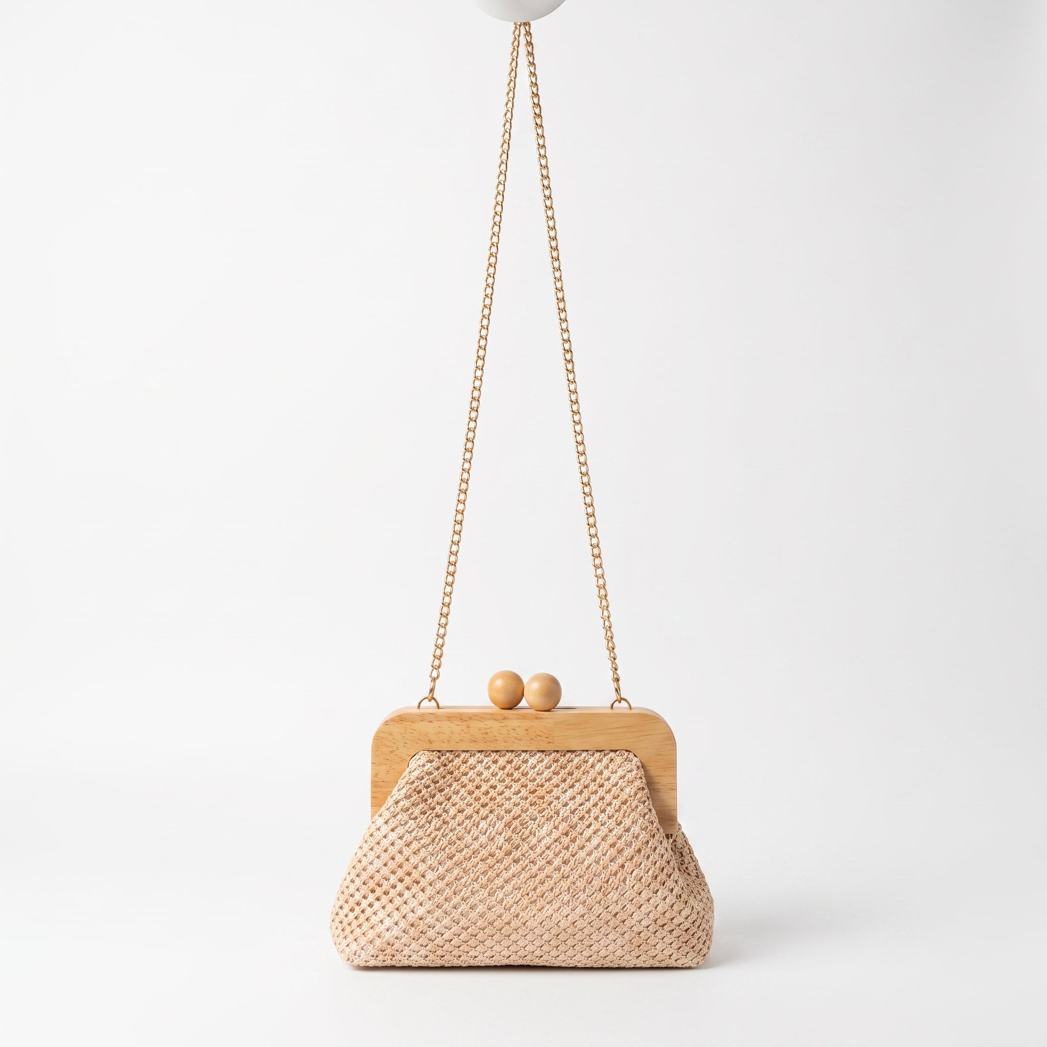 Borsa Caterina a Tracolla in Rafia con Cornice in Legno e Catena Dorata – Stile Donna