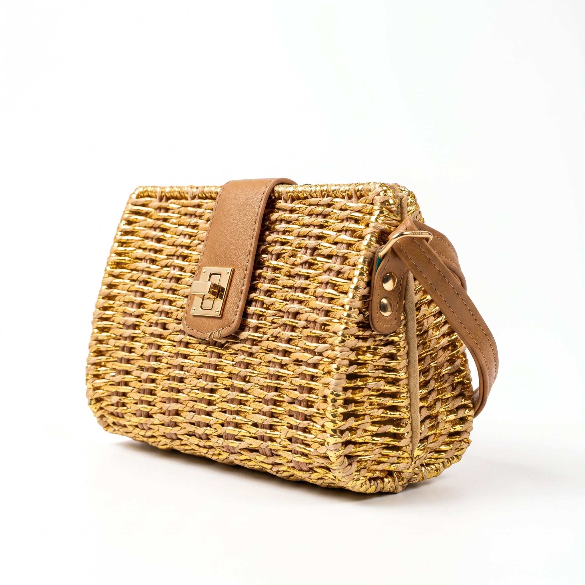 Woven handbag with brown leather strap and clasp on a white background