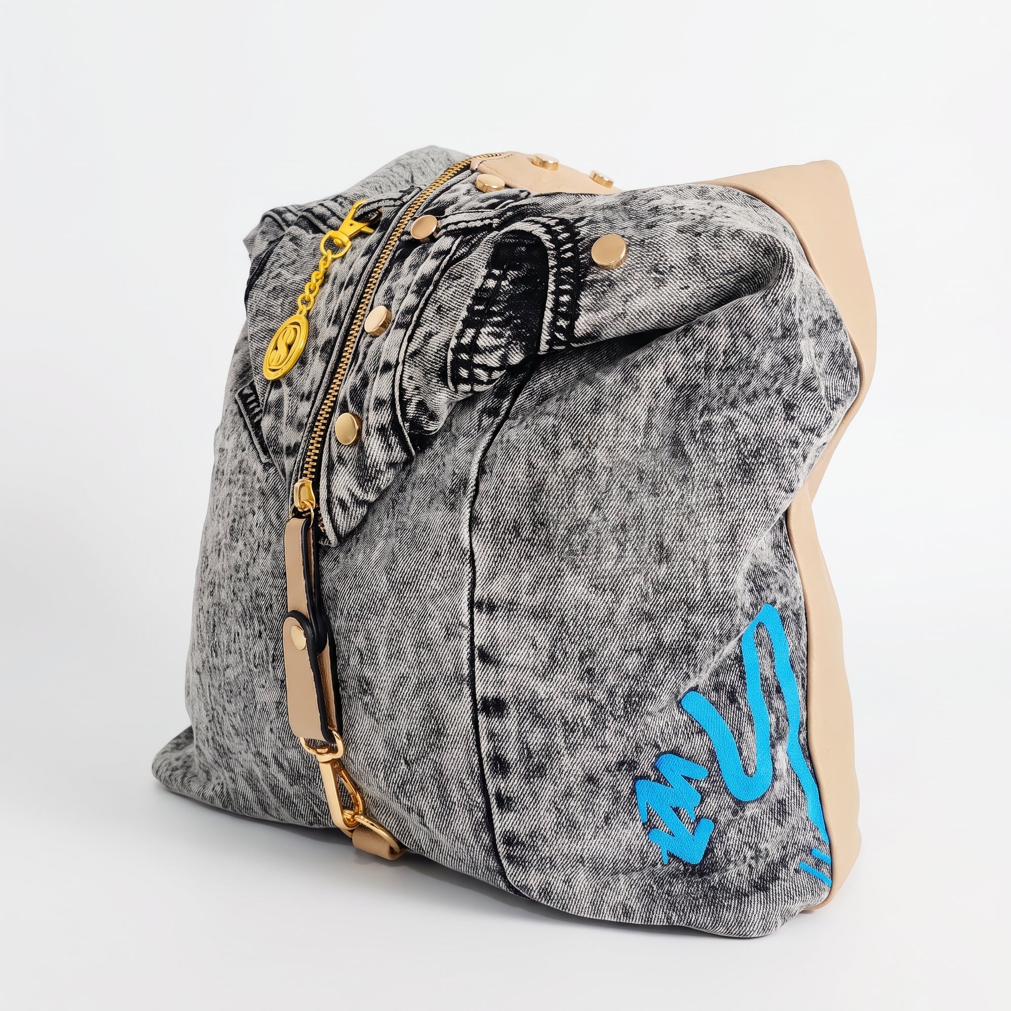 Dask Zaino in Denim con Stampa e Dettagli in Metallo Finitura Tono Oro - Stile Donna Bags