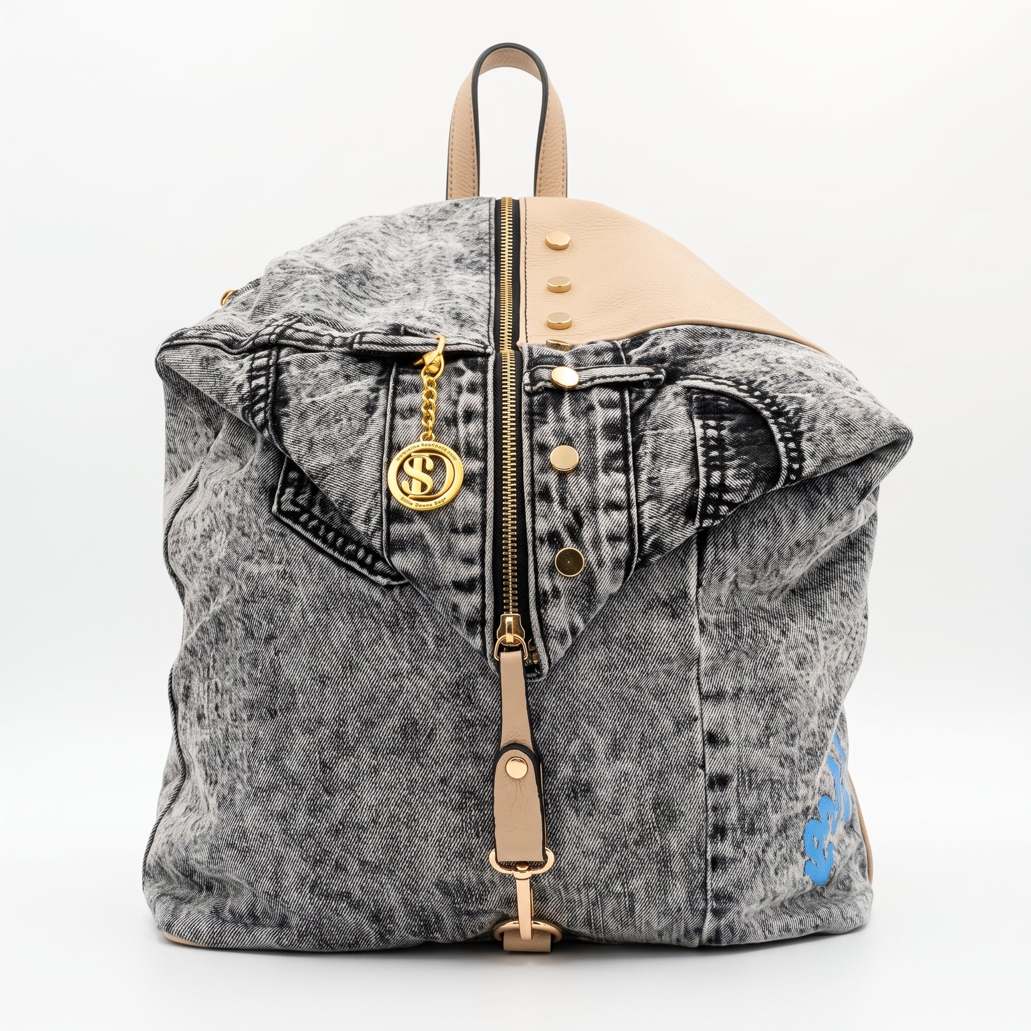 Dask Zaino in Denim con Stampa e Dettagli in Metallo Finitura Tono Oro - Stile Donna Bags