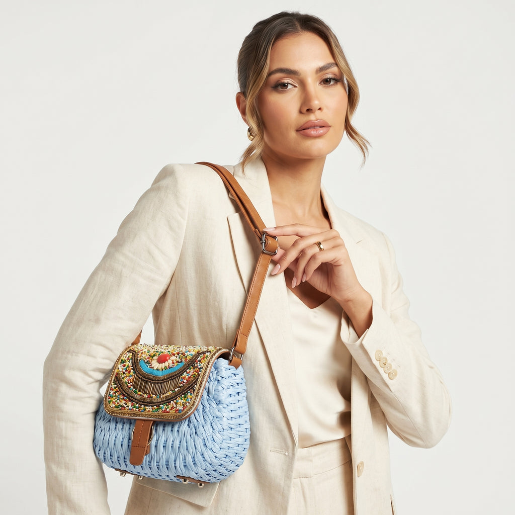 Borsa tracolla rafia intrecciata azzurra pattino ricamato borchie - Prova 2