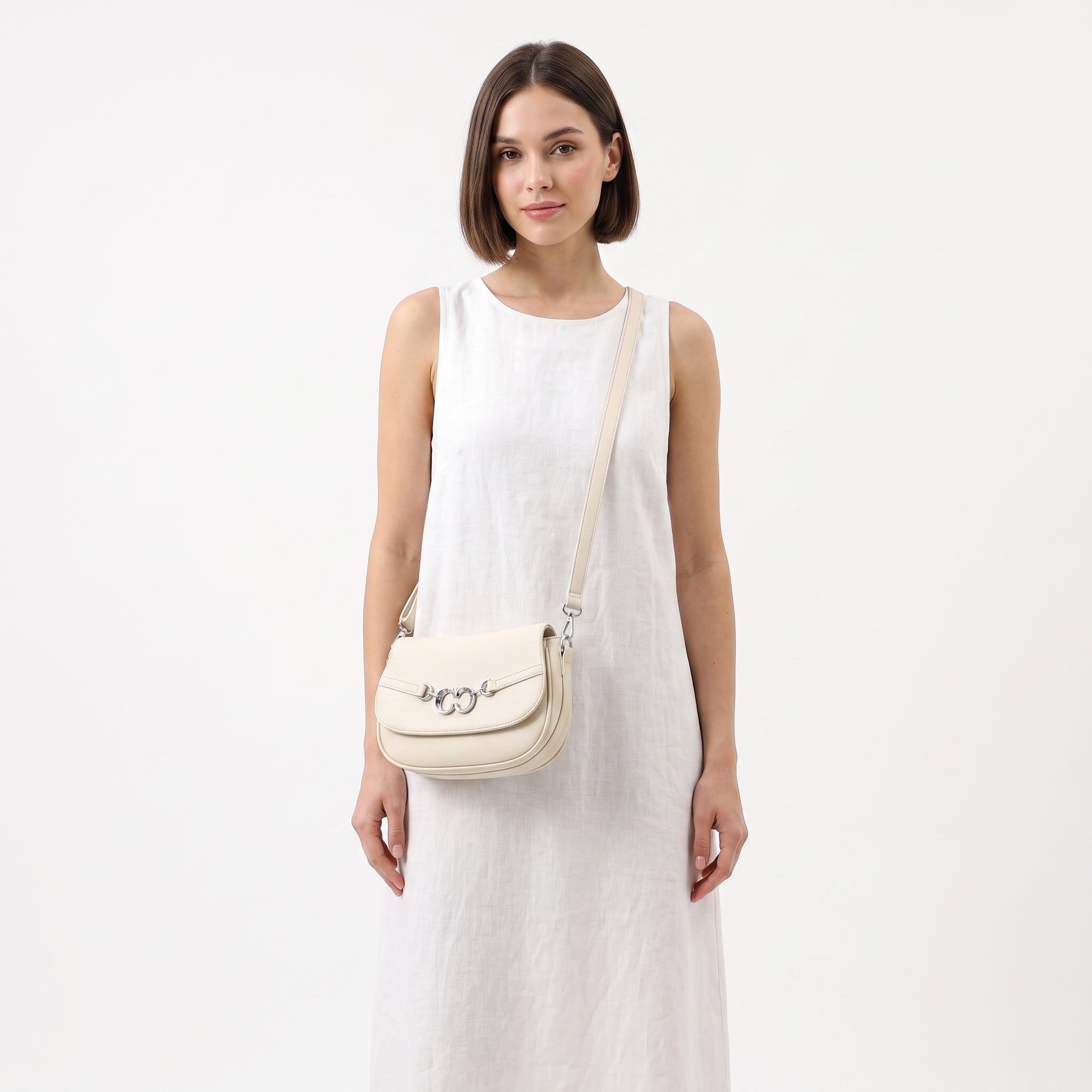Saddle Bag Charro Beige con Doppio Anello Logo e Tracolla Rimovibile - Stile Donna Bags
