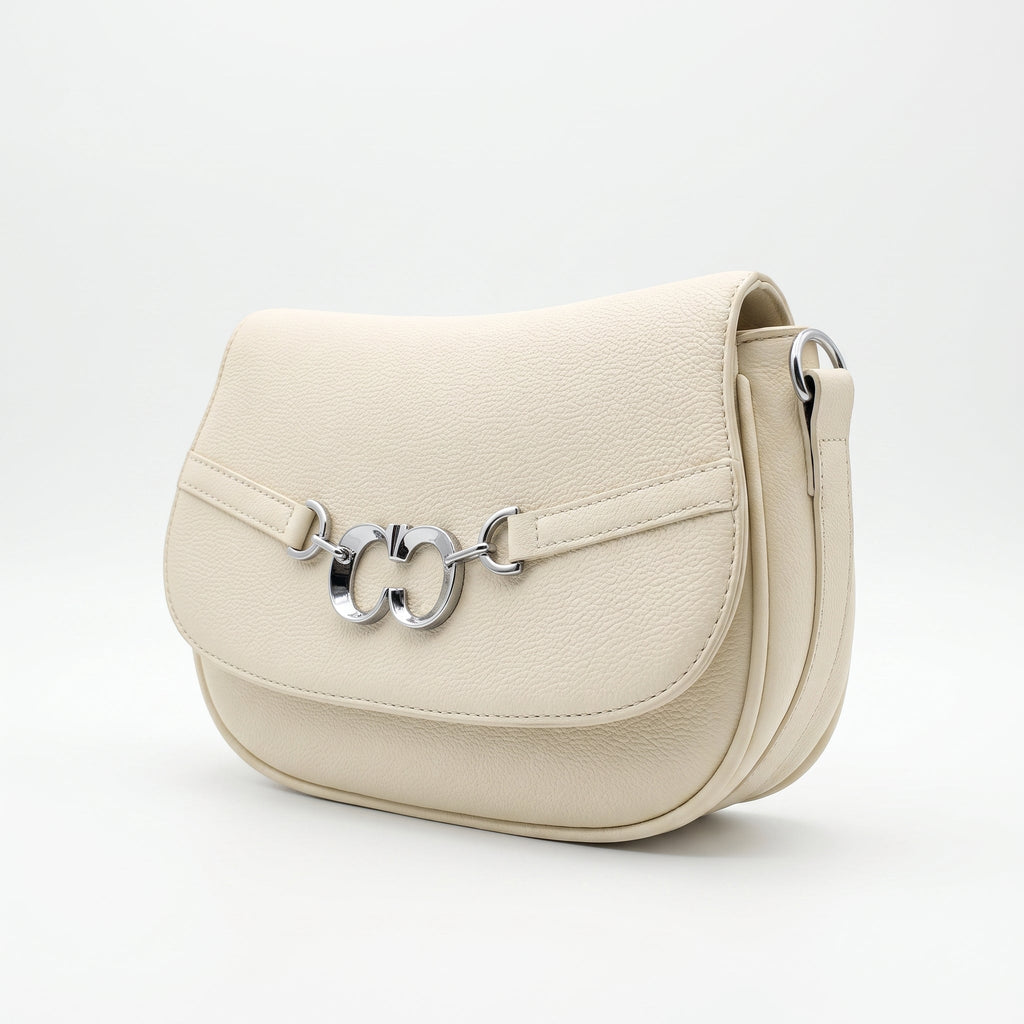 Saddle Bag Charro Beige con Doppio Anello Logo e Tracolla Rimovibile - Stile Donna Bags