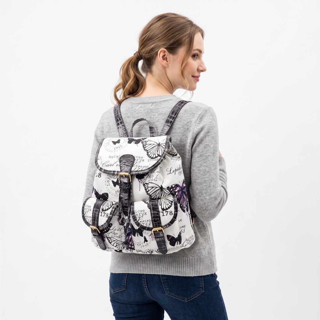 Zaino Adelina in Canvas Farfalle con Rifiniture in Ecopelle e Coulisse
