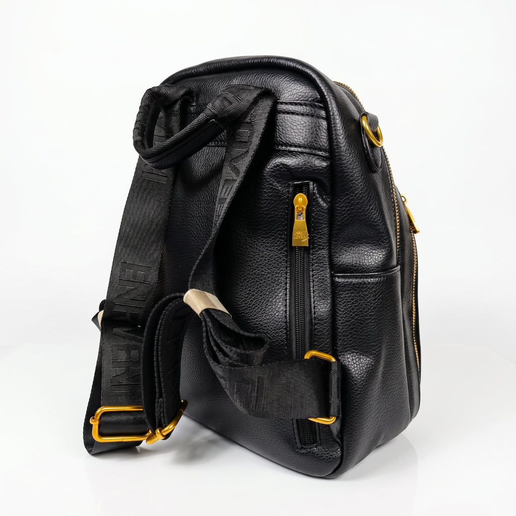 Zaino Enrico Coveri Nero con Tracolla – Pelle Martellata e Dettagli Oro - Stile Donna Bags
