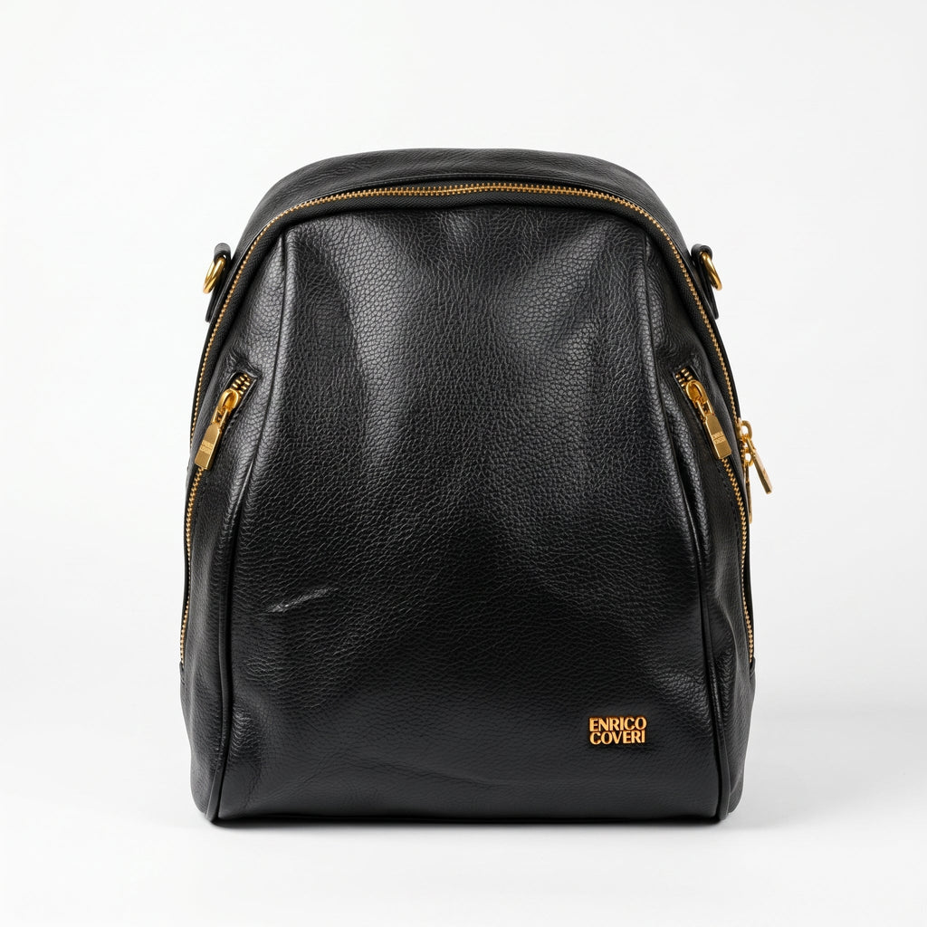 Zaino Enrico Coveri Nero con Tracolla – Pelle Martellata e Dettagli Oro - Stile Donna Bags