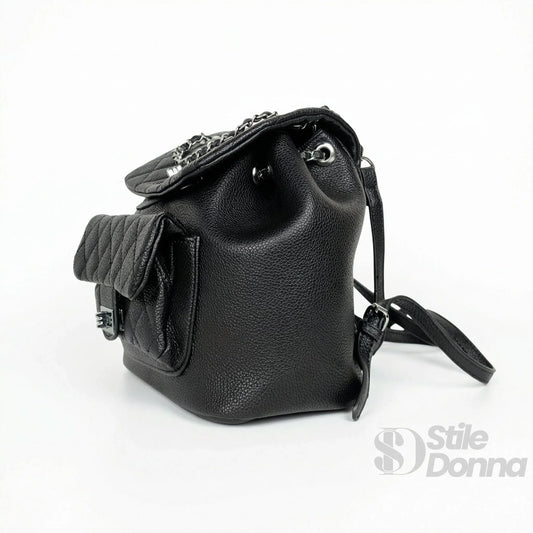 zaino-trapuntato-nero-con-dettaglio-a-catena-pelle-nera-722 - Stile Donna Bags